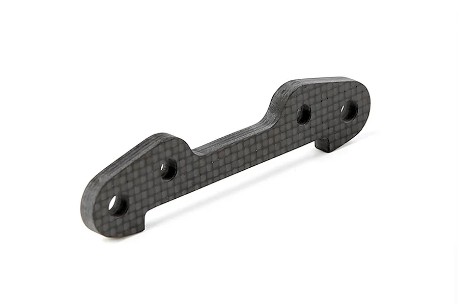 A Rovan carbon fibre front lower suspension arm pin brace with a checkered weave pattern and four mounting holes.
