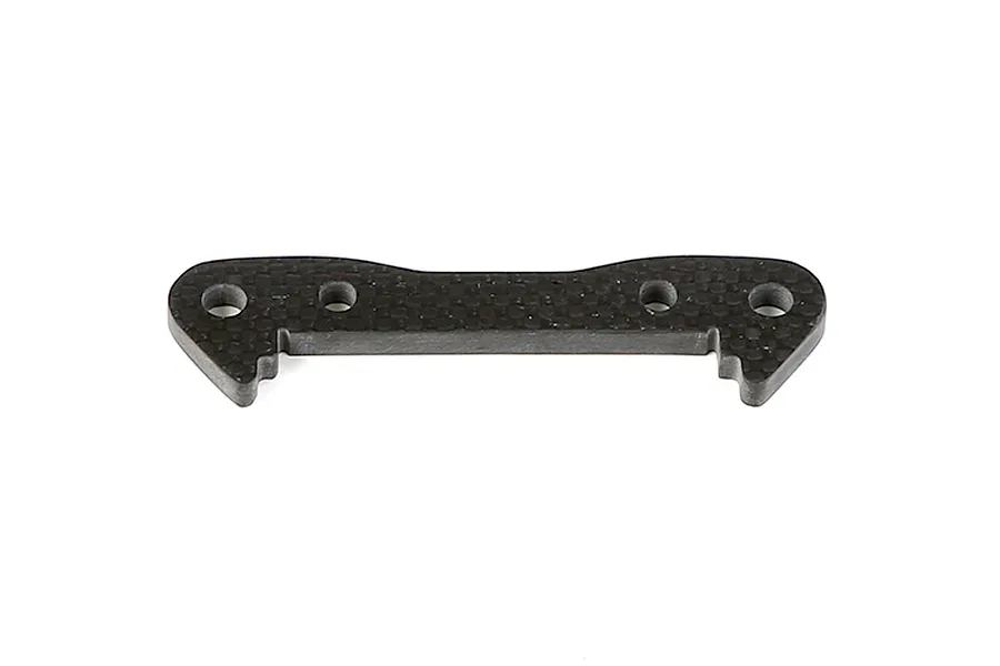 A flat, carbon fibre suspension arm pin brace with four mounting holes, isolated against a white background.