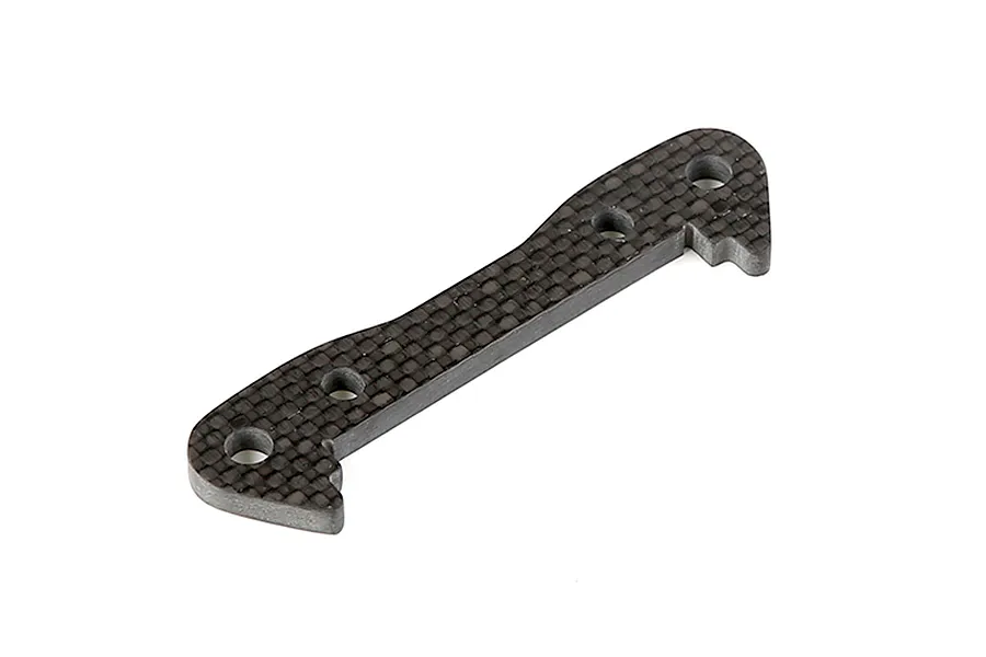 A Rovan carbon fibre suspension arm pin brace with a woven texture and four mounting holes, shown against a white background.