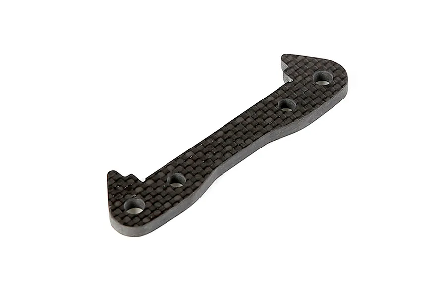 A Rovan carbon fibre front lower suspension arm pin brace for RC cars, featuring a woven pattern and four mounting holes.