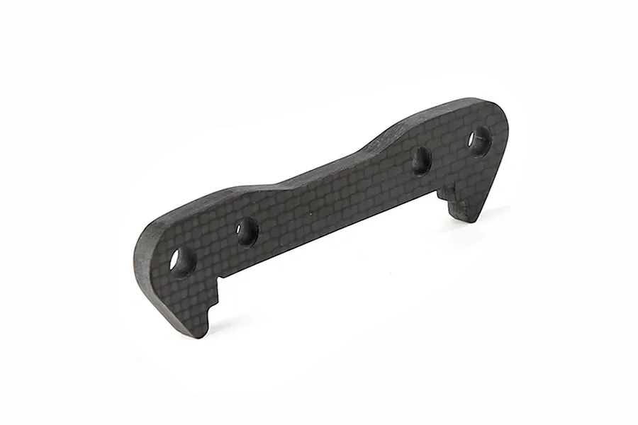 A Rovan carbon fibre front lower suspension arm pin brace for RC cars, featuring a woven texture and four mounting holes.