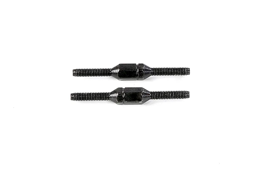 Two black metal adjustable turnbuckles for RC vehicles, shown horizontally against a white background.