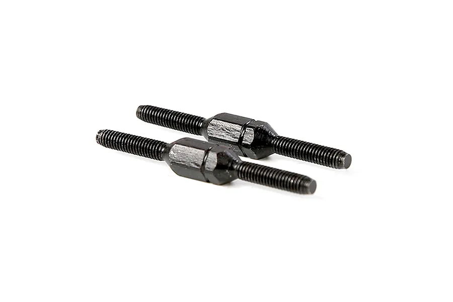 Two black metal adjustable turnbuckles for RC vehicles shown against a plain white background.