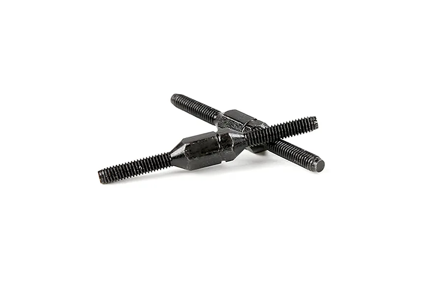 Two black metal adjustable turnbuckles for RC vehicles, shown crossed against a plain white background.