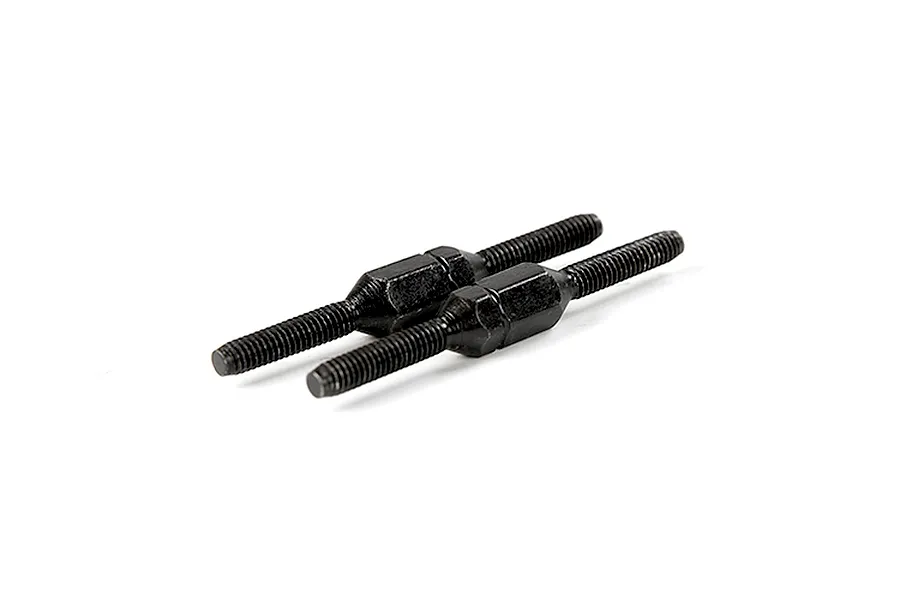 Two black metal adjustable turnbuckles for RC vehicles shown against a white background.