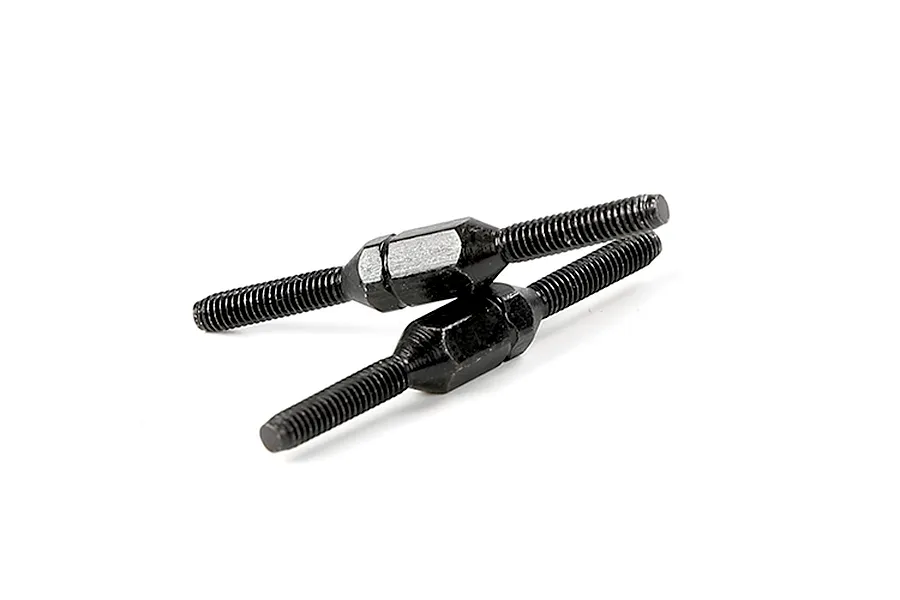 Two black metal adjustable turnbuckles for RC cars, shown against a white background.