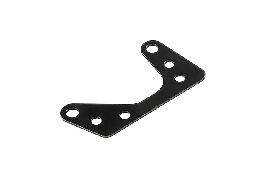 A black metal engine plate for an RC car, featuring a V-shaped design with six mounting holes, isolated on a white background.