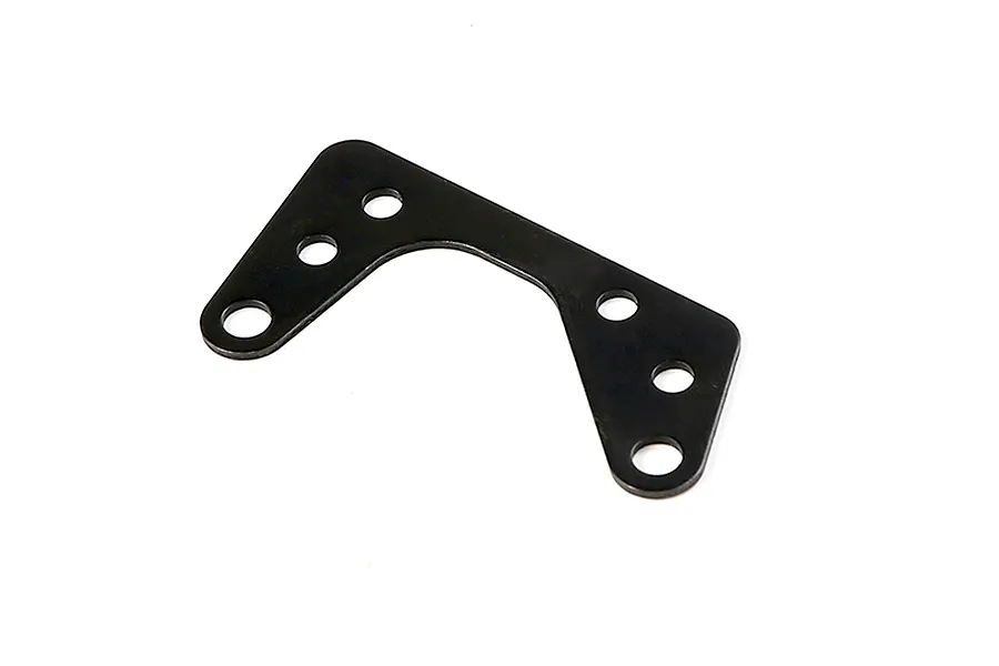 A black metal engine plate with multiple mounting holes, viewed from above against a white background.