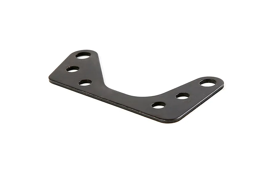 A black metal engine plate for an RC car with multiple mounting holes, shown against a white background.