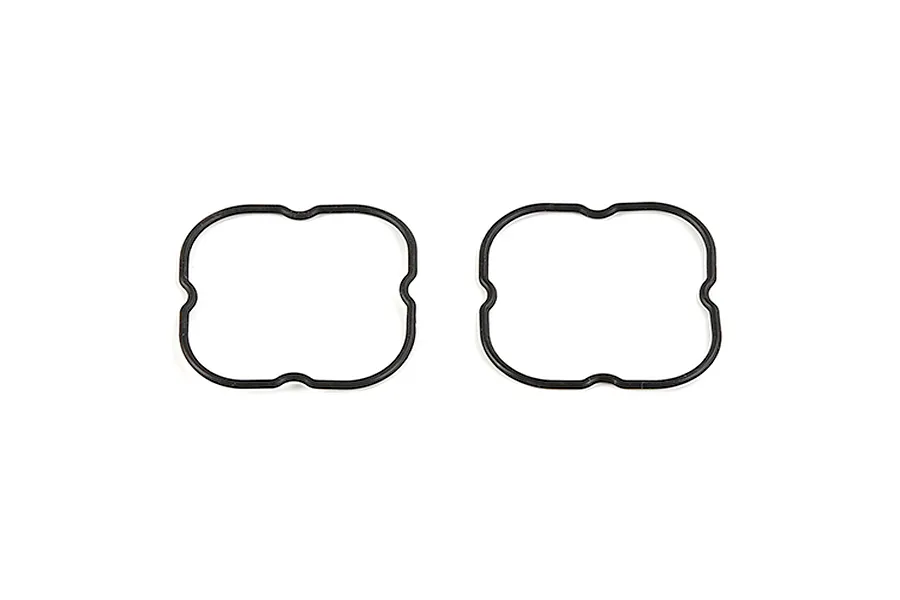 Two black rubber seals with a distinct four-lobed shape, isolated on a white background.