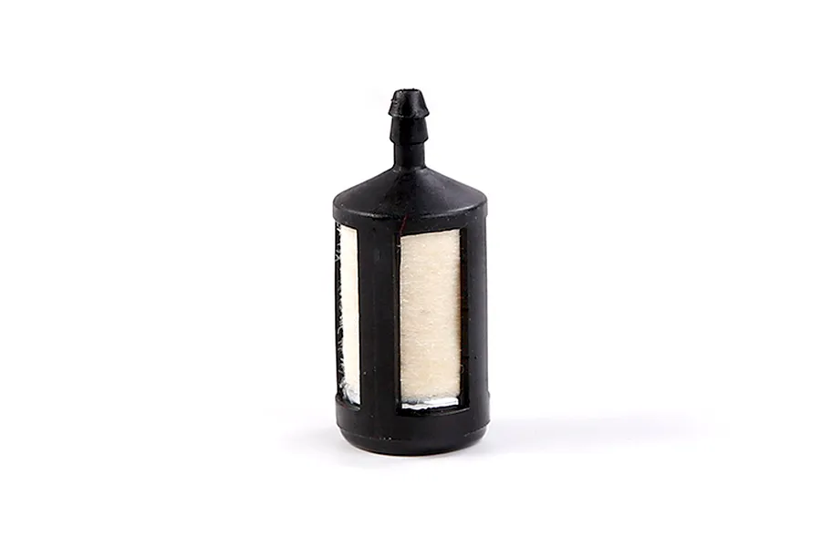 A small black plastic RC fuel filter with a white felt-like filter element inside, isolated on a white background.