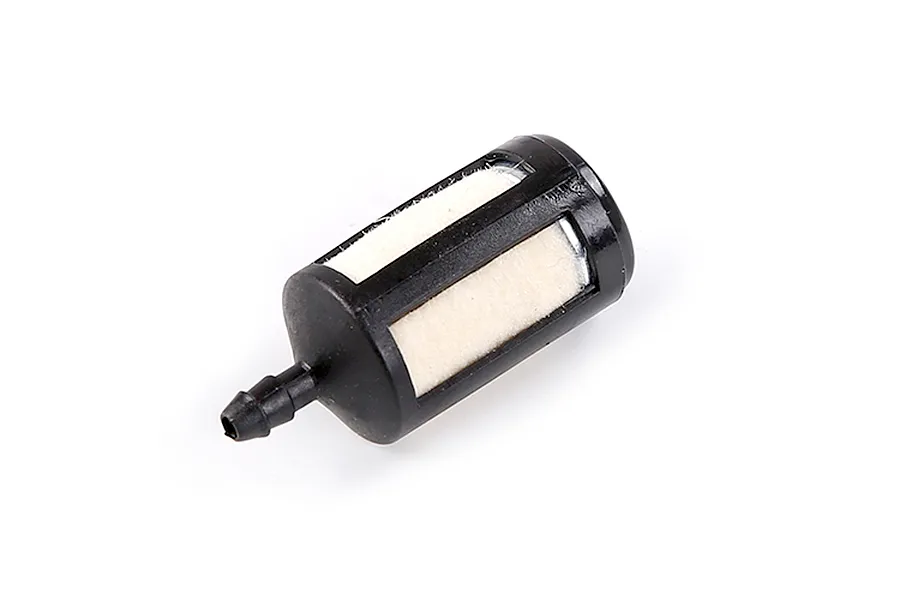 A small black plastic RC fuel filter with a white felt filter element inside, isolated on a white background.