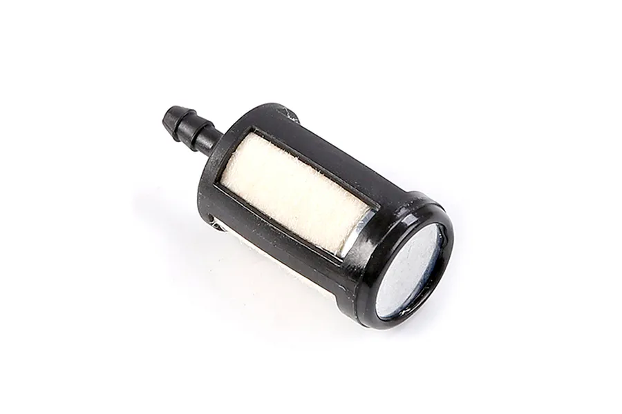 A small black plastic RC fuel filter with a white felt filter element inside, isolated on a white background.