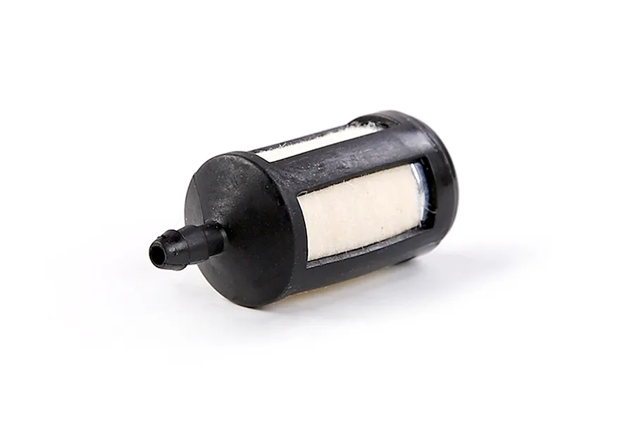 A Rovan fuel filter element for RC engines, featuring a black plastic housing and a white internal filter mesh.