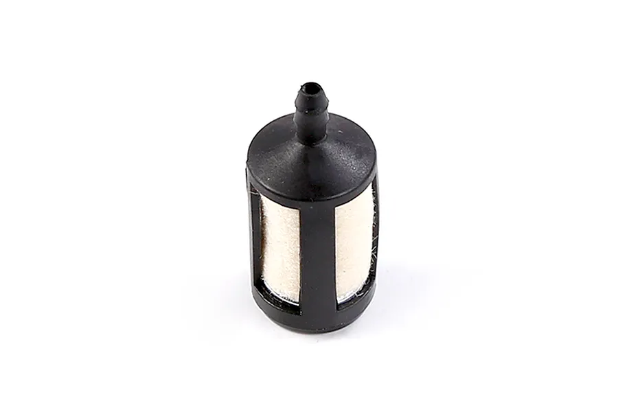 A small black and white fuel filter element for an RC engine, featuring a plastic cage and internal filter material.