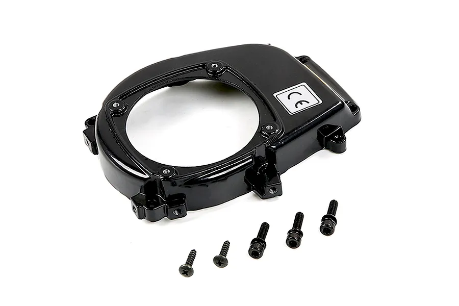 A black Rovan 45cc 2-stroke engine flywheel cover with five included mounting screws on a white background.