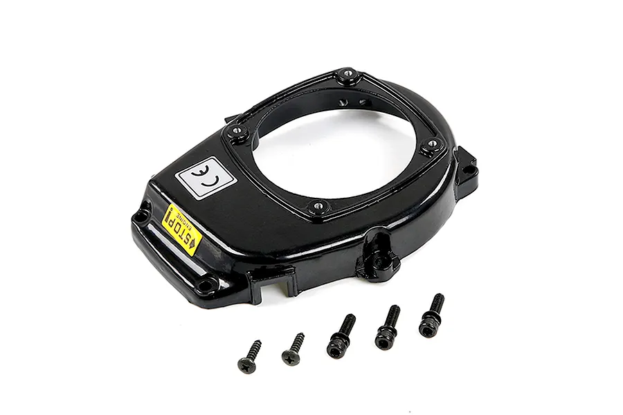 A black Rovan 45cc 2-stroke engine flywheel cover with five included mounting screws, shown against a white background.