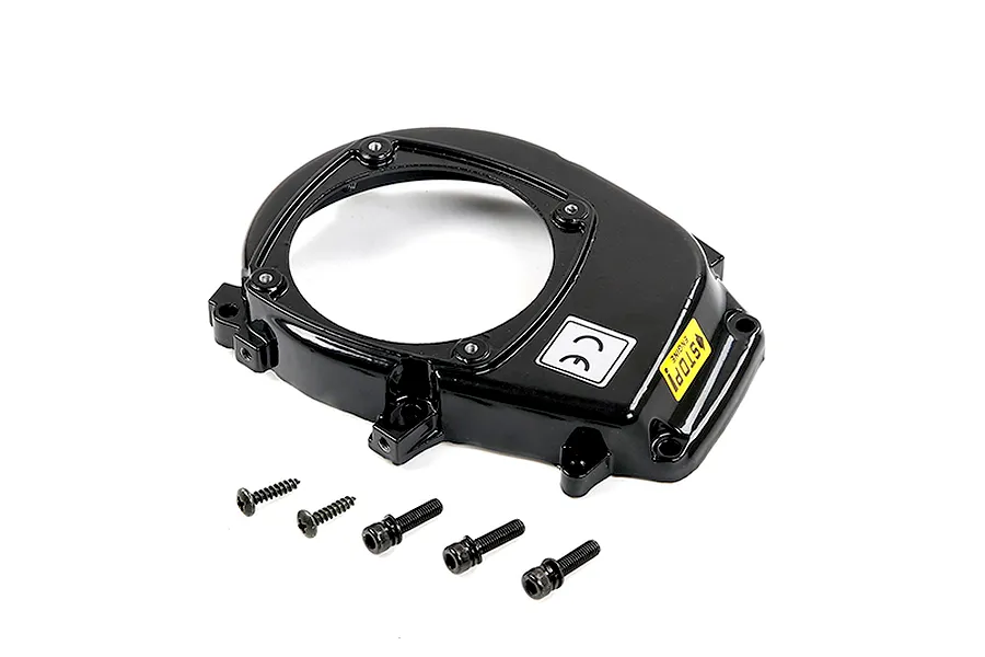 A black Rovan 45cc 2-stroke engine flywheel cover with five included mounting screws, isolated on a white background.