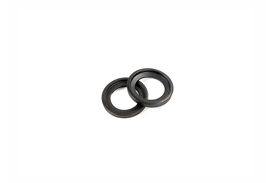 Two dark grey metal gudgeon pin washers for Rovan 45cc RC engines isolated on a white background.