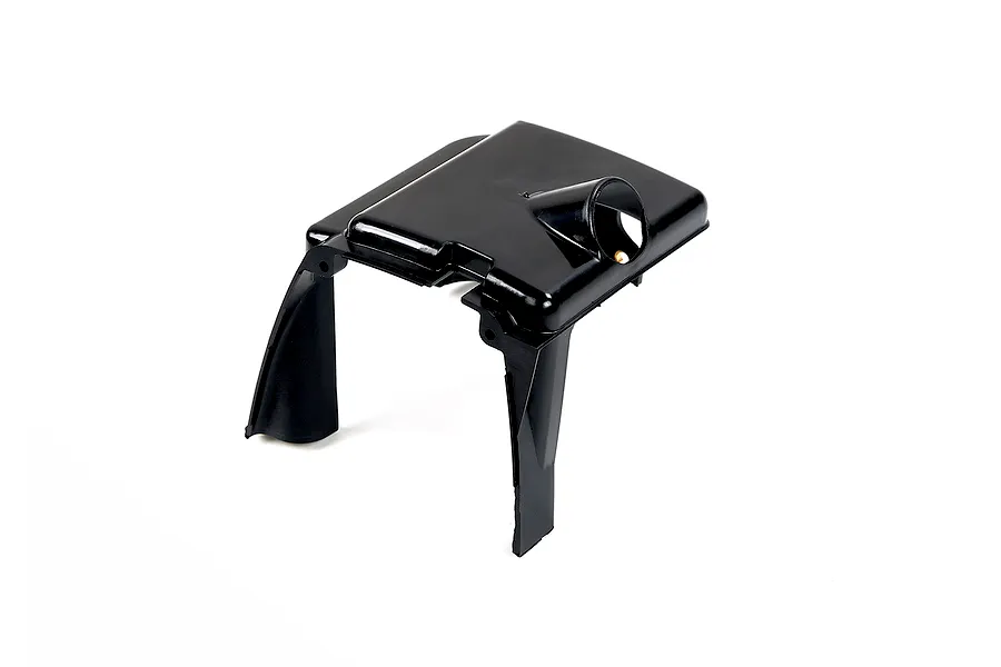 A black plastic Rovan 45cc 2-stroke engine cylinder heat guard shown from a high angle against a white background.