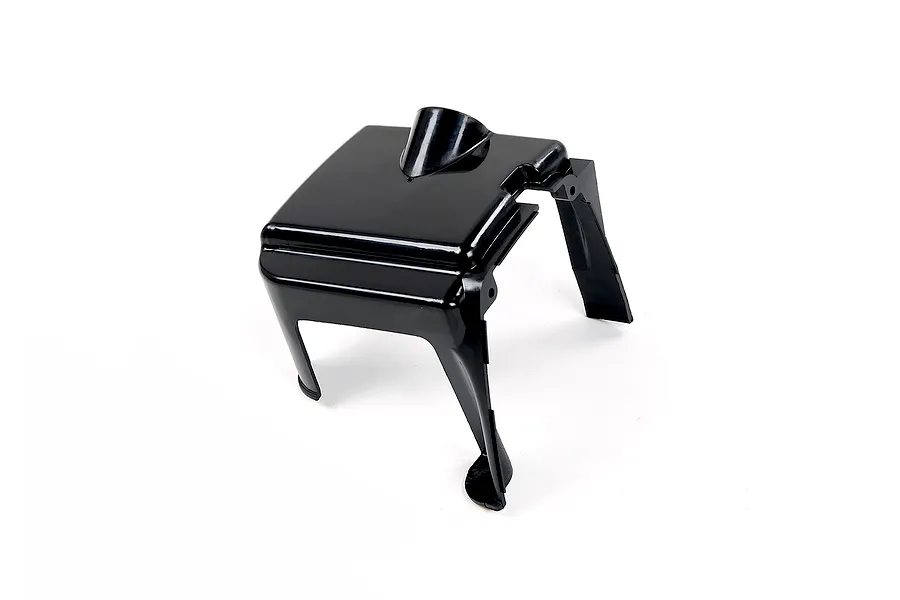 A black plastic Rovan 45cc 2-stroke engine cylinder heat guard shown from a high angle against a white background.