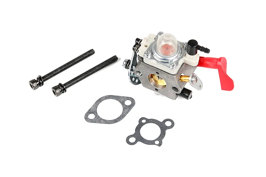 Rovan Walbro WT997 carburettor set including two long mounting bolts and two paper gaskets on a white background.