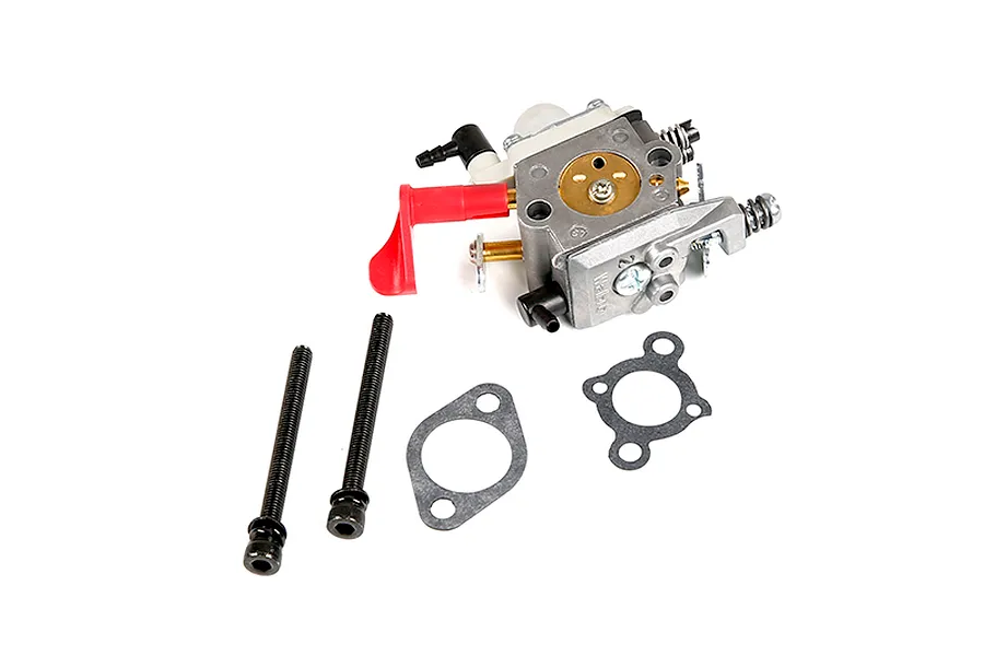 A Walbro WT997 carburettor for RC engines, including two mounting bolts and two paper gaskets, set against a plain white background.