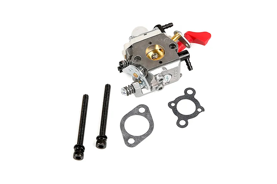 Rovan Walbro WT997 carburettor set including the carburettor, two mounting bolts, and two gaskets on a white background.