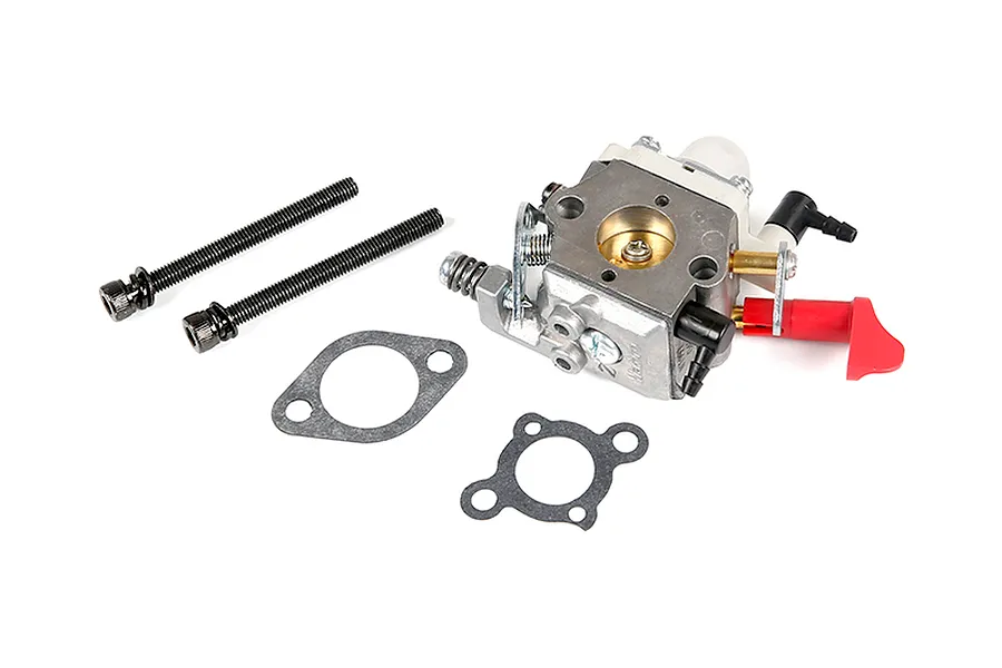 A Rovan Walbro WT997 carburettor set including the carburettor unit, two long mounting bolts, and two paper gaskets on a white background.