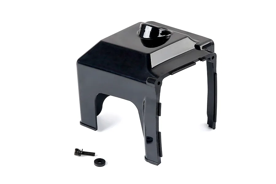 A black plastic Rovan 71cc engine cylinder heat guard with a mounting screw and washer on a white background.