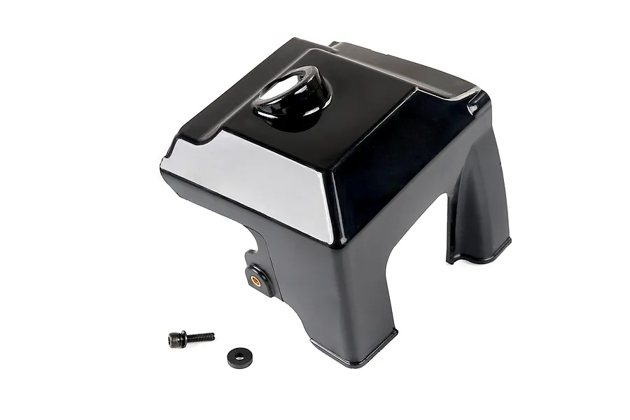 A black plastic Rovan 71cc engine cylinder heat guard with a mounting screw and washer on a white background.