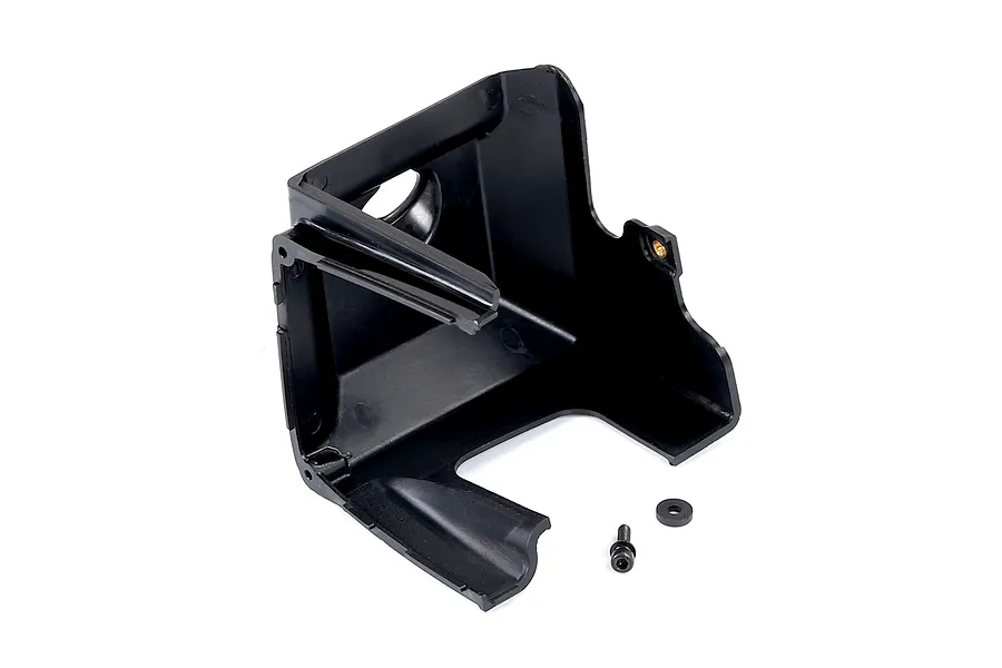A black plastic Rovan 71cc engine cylinder heat guard with a small screw and washer on a white background.