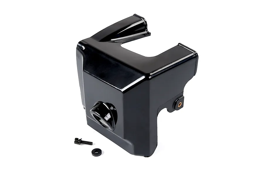 A black Rovan 71cc engine cylinder heat guard with a mounting screw and washer on a white background.