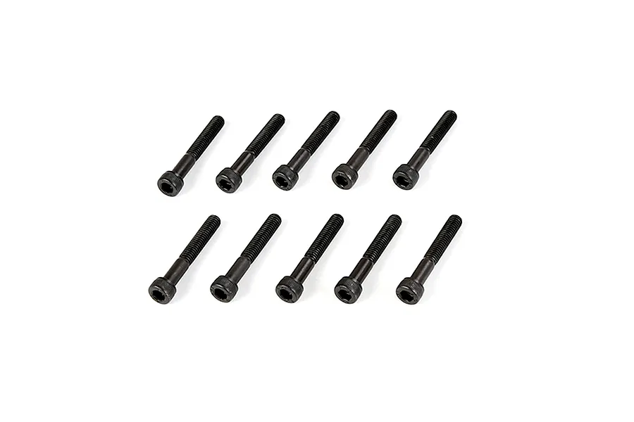 A set of ten black metal cap head screws arranged in two rows of five on a plain white background.