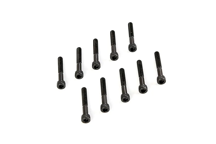 A set of ten black metal cap head screws arranged on a white background.