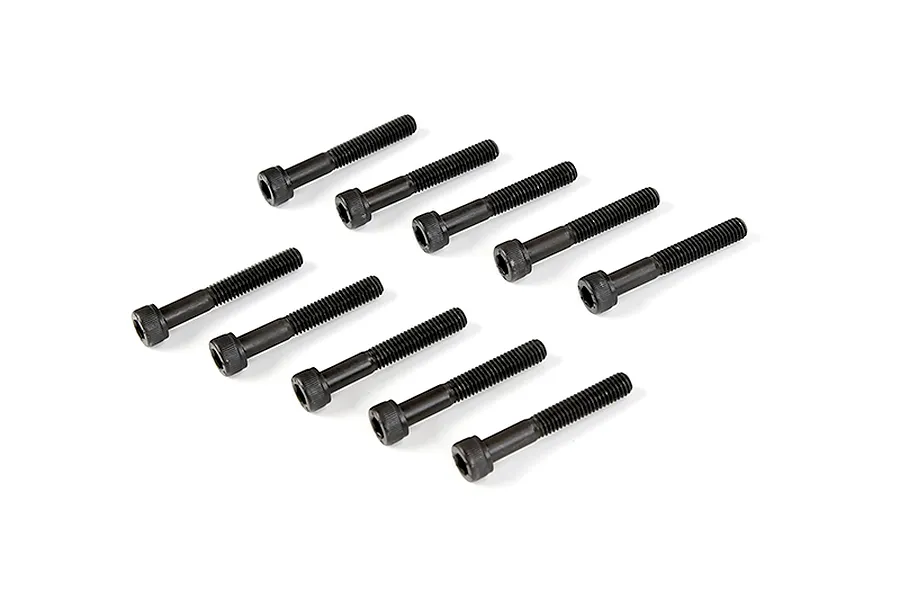 Ten black metal cap head screws arranged in two rows of five on a white background.