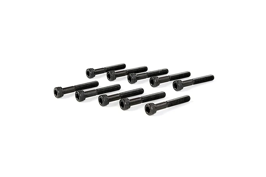 A set of ten black metal cap head screws arranged in two rows on a white background.