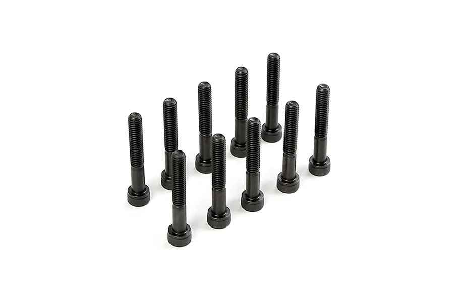 A set of ten black metal cap head screws arranged in a grid pattern against a white background.