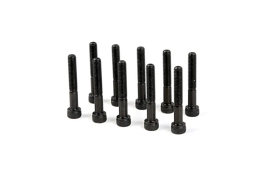 A set of ten black metal cap head screws with partial threading standing upright on a white background.