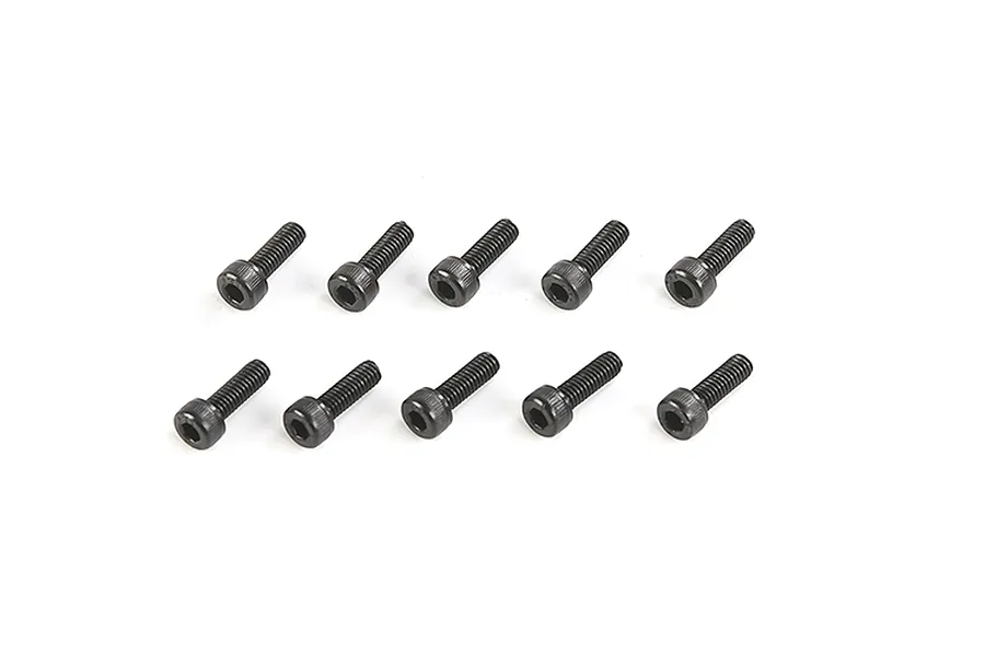 Ten black metal cap head screws arranged in two rows of five on a white background.