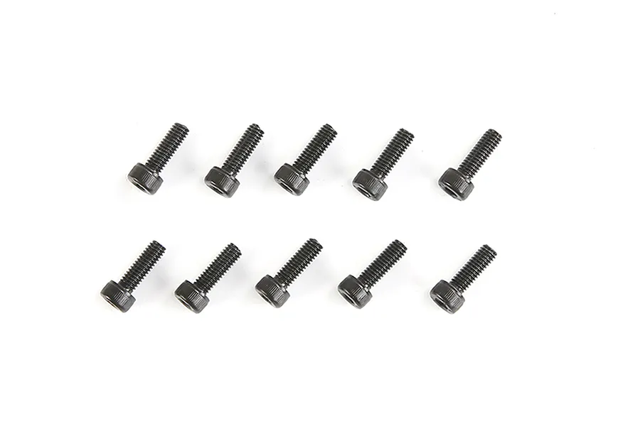 A set of ten black metal cap head screws arranged in two rows of five against a white background.