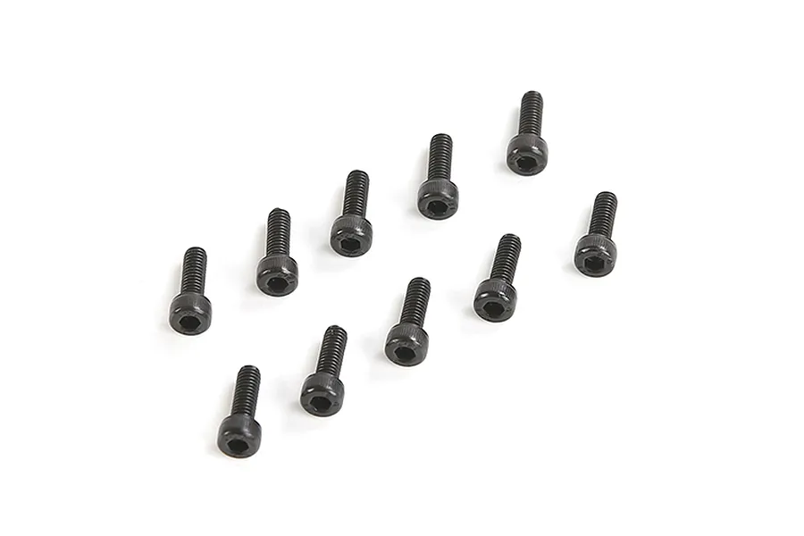 Ten black metal cap head screws arranged on a white background.