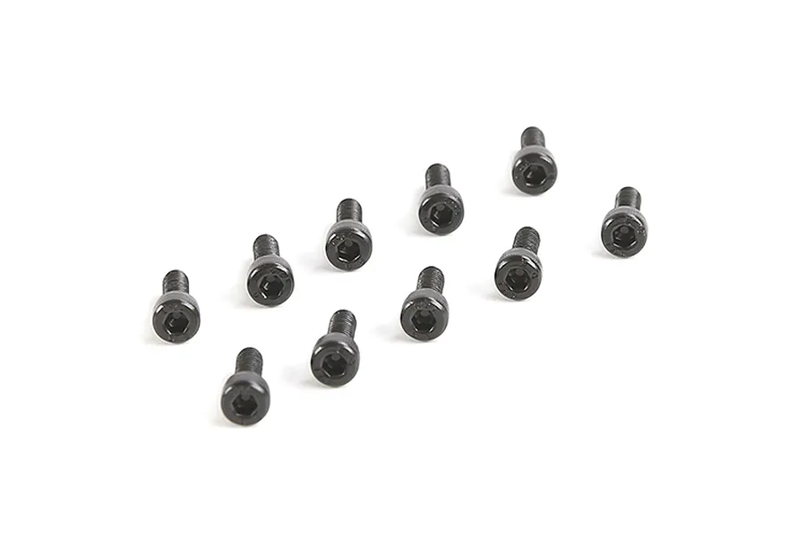 A set of ten black metal cap head screws arranged on a white background.