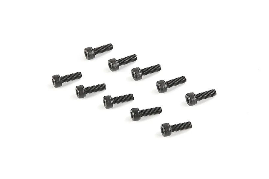 A set of ten black metal cap head screws arranged on a white background.