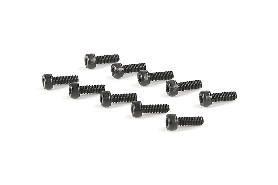 A set of ten black metal cap head screws arranged on a white background.