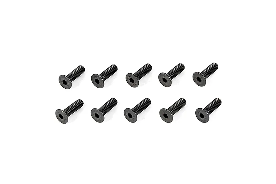 Ten black metal countersunk head screws with hex drive sockets arranged in two rows of five on a white background.