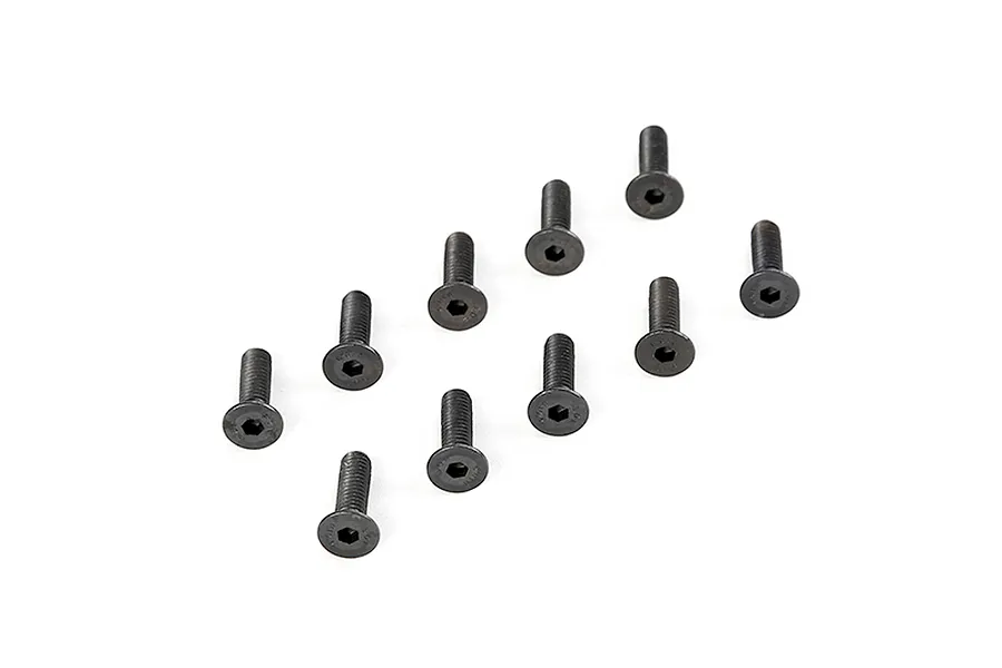Ten black metal countersunk head screws with hex drive sockets arranged on a white background.