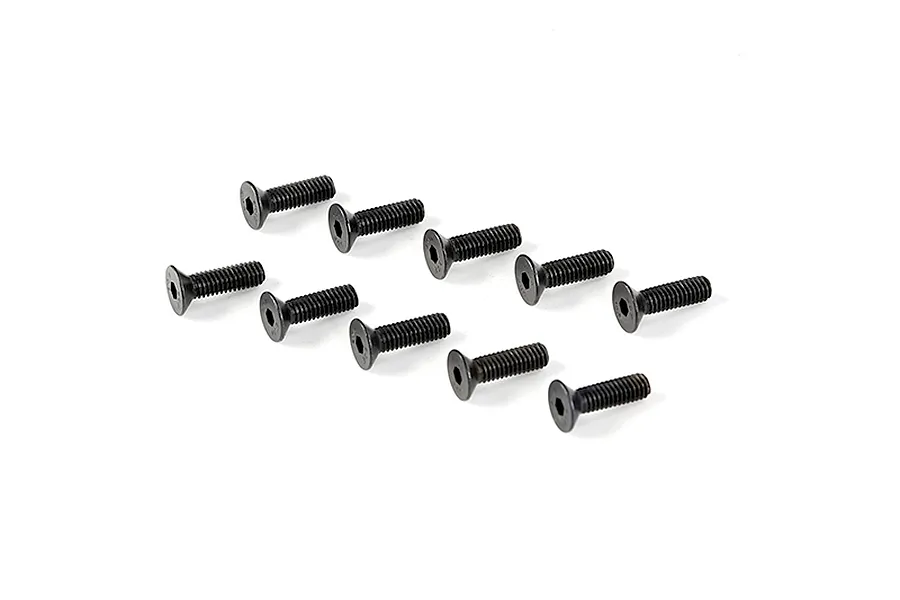 A set of ten black metal countersunk head screws with hex drive sockets arranged on a white background.
