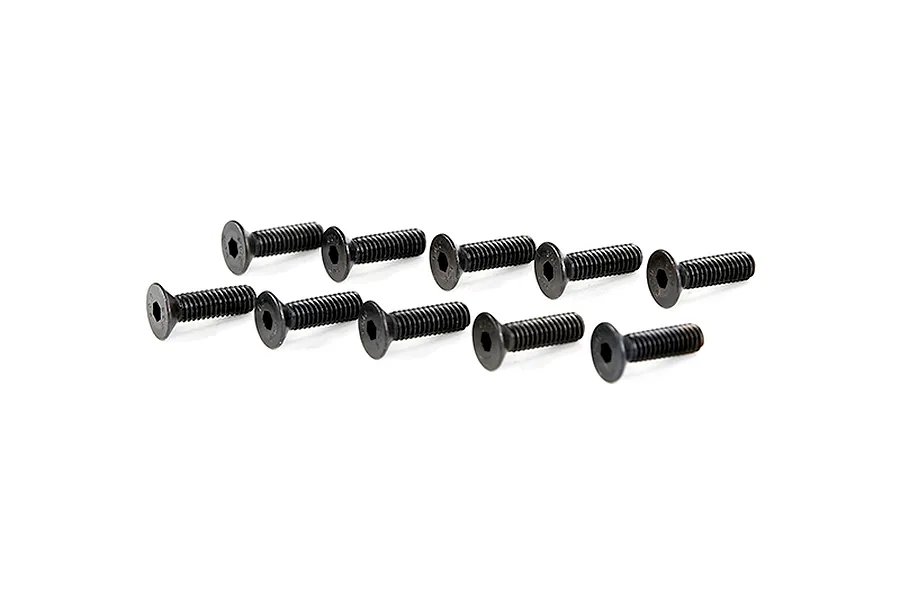 A set of ten black metal countersunk head screws with hexagonal drive sockets arranged on a white background.