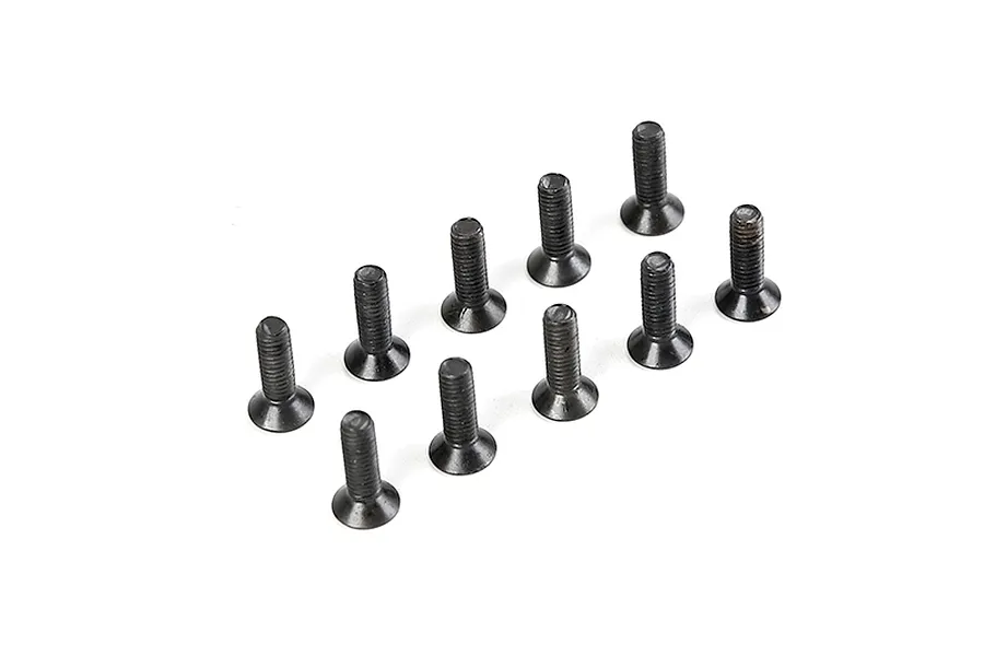 A set of ten black metal countersunk head screws arranged in two rows on a white background.